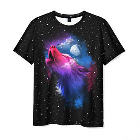 Мужская футболка 3D с принтом Воющий волк в Екатеринбурге, 100% полиэфир | прямой крой, круглый вырез горловины, длина до линии бедер | Тематика изображения на принте: animal | beast | cosmic | galaxy | moon | planet | rage | roar | space | star | universe | wild | wolf | волк | вселенная | галактика | животное | звезды | зверь | космос | луна | планета | рык | ярость