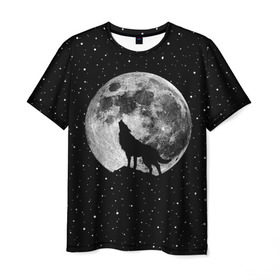 Мужская футболка 3D с принтом Лунный волк в Екатеринбурге, 100% полиэфир | прямой крой, круглый вырез горловины, длина до линии бедер | animal | beast | cosmic | galaxy | moon | planet | rage | roar | space | star | universe | wild | wolf | волк | вселенная | галактика | животное | звезды | зверь | космос | луна | планета | рык | ярость