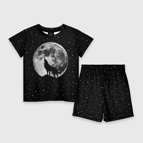 Детский костюм с шортами 3D с принтом Лунный волк в Екатеринбурге,  |  | animal | beast | cosmic | galaxy | moon | planet | rage | roar | space | star | universe | wild | wolf | волк | вселенная | галактика | животное | звезды | зверь | космос | луна | планета | рык | ярость