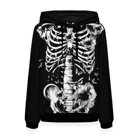 Женская толстовка 3D с принтом Floral Skeleton в Екатеринбурге, 100% полиэстер  | двухслойный капюшон со шнурком для регулировки, мягкие манжеты на рукавах и по низу толстовки, спереди карман-кенгуру с мягким внутренним слоем. | art | bone | dark | death | fashion | flower | hipster | skelet | skull | арт | грудь | кости | мода | ребра | скелет | стиль | темный | хипстер | цвет | череп
