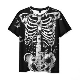 Мужская футболка 3D с принтом Floral Skeleton в Екатеринбурге, 100% полиэфир | прямой крой, круглый вырез горловины, длина до линии бедер | art | bone | dark | death | fashion | flower | hipster | skelet | skull | арт | грудь | кости | мода | ребра | скелет | стиль | темный | хипстер | цвет | череп