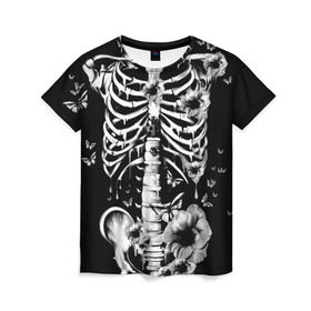 Женская футболка 3D с принтом Floral Skeleton в Екатеринбурге, 100% полиэфир ( синтетическое хлопкоподобное полотно) | прямой крой, круглый вырез горловины, длина до линии бедер | art | bone | dark | death | fashion | flower | hipster | skelet | skull | арт | грудь | кости | мода | ребра | скелет | стиль | темный | хипстер | цвет | череп