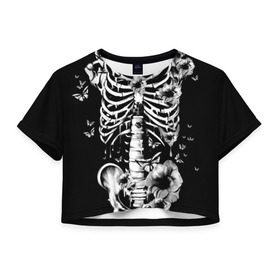 Женская футболка 3D укороченная с принтом Floral Skeleton в Екатеринбурге, 100% полиэстер | круглая горловина, длина футболки до линии талии, рукава с отворотами | art | bone | dark | death | fashion | flower | hipster | skelet | skull | арт | грудь | кости | мода | ребра | скелет | стиль | темный | хипстер | цвет | череп
