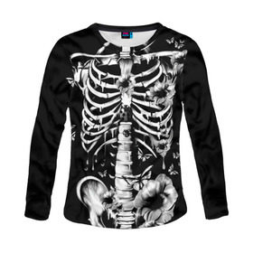 Женский лонгслив 3D с принтом Floral Skeleton в Екатеринбурге, 100% полиэстер | длинные рукава, круглый вырез горловины, полуприлегающий силуэт | art | bone | dark | death | fashion | flower | hipster | skelet | skull | арт | грудь | кости | мода | ребра | скелет | стиль | темный | хипстер | цвет | череп