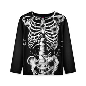 Детский лонгслив 3D с принтом Floral Skeleton в Екатеринбурге, 100% полиэстер | длинные рукава, круглый вырез горловины, полуприлегающий силуэт
 | Тематика изображения на принте: art | bone | dark | death | fashion | flower | hipster | skelet | skull | арт | грудь | кости | мода | ребра | скелет | стиль | темный | хипстер | цвет | череп