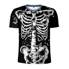 Мужская футболка 3D спортивная с принтом Floral Skeleton в Екатеринбурге, 100% полиэстер с улучшенными характеристиками | приталенный силуэт, круглая горловина, широкие плечи, сужается к линии бедра | art | bone | dark | death | fashion | flower | hipster | skelet | skull | арт | грудь | кости | мода | ребра | скелет | стиль | темный | хипстер | цвет | череп