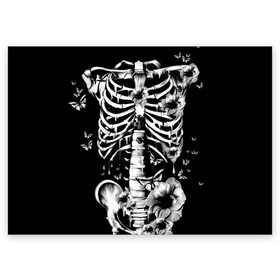 Поздравительная открытка с принтом Floral Skeleton в Екатеринбурге, 100% бумага | плотность бумаги 280 г/м2, матовая, на обратной стороне линовка и место для марки
 | art | bone | dark | death | fashion | flower | hipster | skelet | skull | арт | грудь | кости | мода | ребра | скелет | стиль | темный | хипстер | цвет | череп