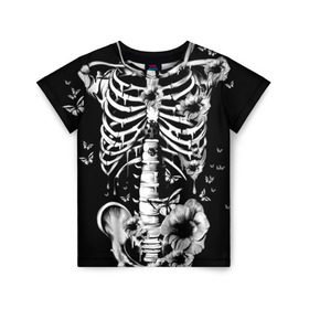 Детская футболка 3D с принтом Floral Skeleton в Екатеринбурге, 100% гипоаллергенный полиэфир | прямой крой, круглый вырез горловины, длина до линии бедер, чуть спущенное плечо, ткань немного тянется | art | bone | dark | death | fashion | flower | hipster | skelet | skull | арт | грудь | кости | мода | ребра | скелет | стиль | темный | хипстер | цвет | череп