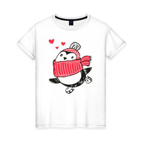 Женская футболка хлопок с принтом Пингвинчик на коньках в Екатеринбурге, 100% хлопок | прямой крой, круглый вырез горловины, длина до линии бедер, слегка спущенное плечо | Тематика изображения на принте: 
