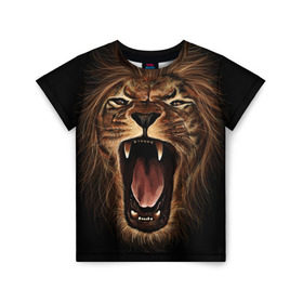 Детская футболка 3D с принтом Львиный рык в Екатеринбурге, 100% гипоаллергенный полиэфир | прямой крой, круглый вырез горловины, длина до линии бедер, чуть спущенное плечо, ткань немного тянется | animal | beast | cat | feline | king | lion | meow | pussy | rage | roar | животное | зверь | король | кот | кошка | лев | львица | мяу | рык | хищник | царь | ярость