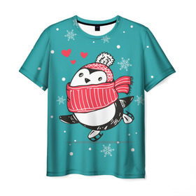 Мужская футболка 3D с принтом Пингвинчик на коньках в Екатеринбурге, 100% полиэфир | прямой крой, круглый вырез горловины, длина до линии бедер | 14 февраля | день святого валентина | зима | пингвин | снег | снежинки