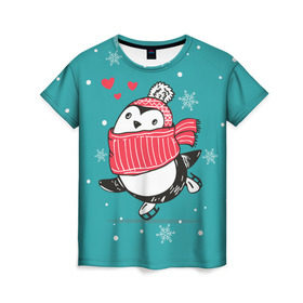 Женская футболка 3D с принтом Пингвинчик на коньках в Екатеринбурге, 100% полиэфир ( синтетическое хлопкоподобное полотно) | прямой крой, круглый вырез горловины, длина до линии бедер | 14 февраля | день святого валентина | зима | пингвин | снег | снежинки