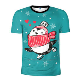 Мужская футболка 3D спортивная с принтом Пингвинчик на коньках в Екатеринбурге, 100% полиэстер с улучшенными характеристиками | приталенный силуэт, круглая горловина, широкие плечи, сужается к линии бедра | 14 февраля | день святого валентина | зима | пингвин | снег | снежинки