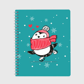 Тетрадь с принтом Пингвинчик на коньках в Екатеринбурге, 100% бумага | 48 листов, плотность листов — 60 г/м2, плотность картонной обложки — 250 г/м2. Листы скреплены сбоку удобной пружинной спиралью. Уголки страниц и обложки скругленные. Цвет линий — светло-серый
 | Тематика изображения на принте: 14 февраля | день святого валентина | зима | пингвин | снег | снежинки