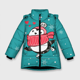Зимняя куртка для девочек 3D с принтом Пингвинчик на коньках в Екатеринбурге, ткань верха — 100% полиэстер; подклад — 100% полиэстер, утеплитель — 100% полиэстер. | длина ниже бедра, удлиненная спинка, воротник стойка и отстегивающийся капюшон. Есть боковые карманы с листочкой на кнопках, утяжки по низу изделия и внутренний карман на молнии. 

Предусмотрены светоотражающий принт на спинке, радужный светоотражающий элемент на пуллере молнии и на резинке для утяжки. | 14 февраля | день святого валентина | зима | пингвин | снег | снежинки