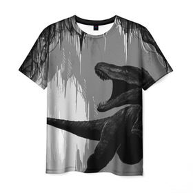 Мужская футболка 3D с принтом Пещера динозавра в Екатеринбурге, 100% полиэфир | прямой крой, круглый вырез горловины, длина до линии бедер | animal | beast | dino | rage | roar | динозавр | животное | зверь | земля | пещера | рык | эра | ярость