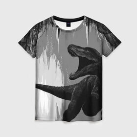 Женская футболка 3D с принтом Пещера динозавра в Екатеринбурге, 100% полиэфир ( синтетическое хлопкоподобное полотно) | прямой крой, круглый вырез горловины, длина до линии бедер | animal | beast | dino | rage | roar | динозавр | животное | зверь | земля | пещера | рык | эра | ярость