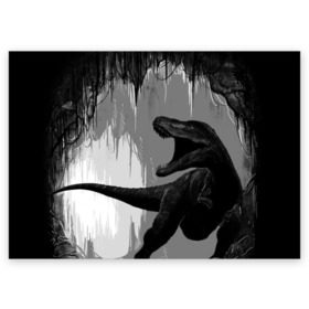 Поздравительная открытка с принтом Пещера динозавра в Екатеринбурге, 100% бумага | плотность бумаги 280 г/м2, матовая, на обратной стороне линовка и место для марки
 | animal | beast | dino | rage | roar | динозавр | животное | зверь | земля | пещера | рык | эра | ярость