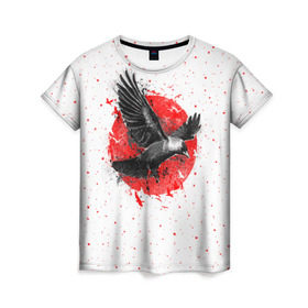 Женская футболка 3D с принтом Черный ворон в Екатеринбурге, 100% полиэфир ( синтетическое хлопкоподобное полотно) | прямой крой, круглый вырез горловины, длина до линии бедер | bird | black | fly | moon | sun | ворон | луна | полет | птица | солнце | черный