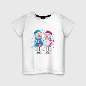Детская футболка хлопок с принтом Снеговики. Любовь. Рождество. в Екатеринбурге, 100% хлопок | круглый вырез горловины, полуприлегающий силуэт, длина до линии бедер | 