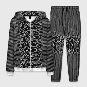 Мужской костюм 3D с принтом Joy Division Unknown Pleasures в Екатеринбурге, 100% полиэстер | Манжеты и пояс оформлены тканевой резинкой, двухслойный капюшон со шнурком для регулировки, карманы спереди | joy division | альбом | волны | горы | линии | обложка | панк | рок