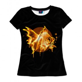 Женская футболка 3D с принтом Золотая рыбка в Екатеринбурге, 100% полиэфир ( синтетическое хлопкоподобное полотно) | прямой крой, круглый вырез горловины, длина до линии бедер | агрессивные | арт | веселые | дыым | интересные | новинки | огонь | пламя | популярное | узор