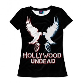 Женская футболка 3D с принтом Hollywood Undead в Екатеринбурге, 100% полиэфир ( синтетическое хлопкоподобное полотно) | прямой крой, круглый вырез горловины, длина до линии бедер | hollywood undead