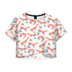 Женская футболка 3D укороченная с принтом Лисичек много не бывает в Екатеринбурге, 100% полиэстер | круглая горловина, длина футболки до линии талии, рукава с отворотами | лиса | лисы | минимализм | паттерн