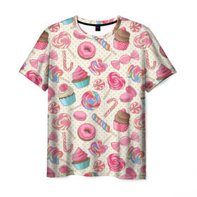 Мужская футболка 3D с принтом Радости и сладости в Екатеринбурге, 100% полиэфир | прямой крой, круглый вырез горловины, длина до линии бедер | глазурь | кексы | конфеты | леденцы | пончик | сладости