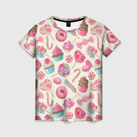 Женская футболка 3D с принтом Радости и сладости в Екатеринбурге, 100% полиэфир ( синтетическое хлопкоподобное полотно) | прямой крой, круглый вырез горловины, длина до линии бедер | глазурь | кексы | конфеты | леденцы | пончик | сладости
