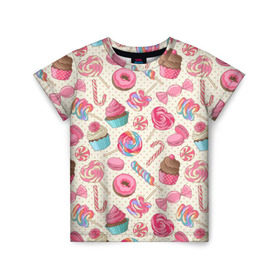 Детская футболка 3D с принтом Радости и сладости в Екатеринбурге, 100% гипоаллергенный полиэфир | прямой крой, круглый вырез горловины, длина до линии бедер, чуть спущенное плечо, ткань немного тянется | глазурь | кексы | конфеты | леденцы | пончик | сладости
