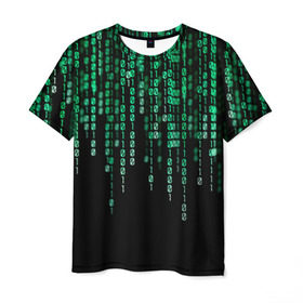 Мужская футболка 3D с принтом Матрица в Екатеринбурге, 100% полиэфир | прямой крой, круглый вырез горловины, длина до линии бедер | Тематика изображения на принте: background | black | green | matrix | movie | numbers | зеленые | матрица | фильм | фон | цифры | черный