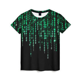Женская футболка 3D с принтом Матрица в Екатеринбурге, 100% полиэфир ( синтетическое хлопкоподобное полотно) | прямой крой, круглый вырез горловины, длина до линии бедер | background | black | green | matrix | movie | numbers | зеленые | матрица | фильм | фон | цифры | черный