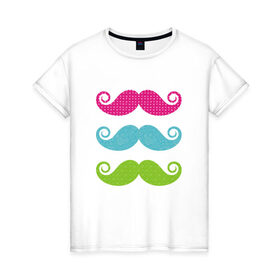 Женская футболка хлопок с принтом Разноцветные усы в Екатеринбурге, 100% хлопок | прямой крой, круглый вырез горловины, длина до линии бедер, слегка спущенное плечо | 