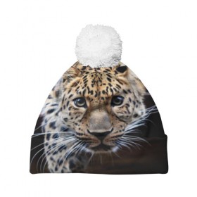 Шапка 3D c помпоном с принтом Леопард в Екатеринбурге, 100% полиэстер | универсальный размер, печать по всей поверхности изделия | взгляд | глаза | дикая кошка | леопард | хищник