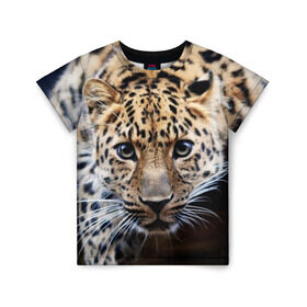 Детская футболка 3D с принтом Леопард в Екатеринбурге, 100% гипоаллергенный полиэфир | прямой крой, круглый вырез горловины, длина до линии бедер, чуть спущенное плечо, ткань немного тянется | Тематика изображения на принте: взгляд | глаза | дикая кошка | леопард | хищник