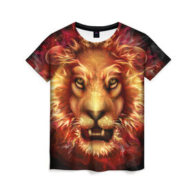 Женская футболка 3D с принтом Огненный лев в Екатеринбурге, 100% полиэфир ( синтетическое хлопкоподобное полотно) | прямой крой, круглый вырез горловины, длина до линии бедер | animal | fire | flame | head | lion | look | predator | взгляд | голова | животное | лев | огненный | огонь | пламя | хищник