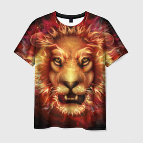 Мужская футболка 3D с принтом Огненный лев в Екатеринбурге, 100% полиэфир | прямой крой, круглый вырез горловины, длина до линии бедер | Тематика изображения на принте: animal | fire | flame | head | lion | look | predator | взгляд | голова | животное | лев | огненный | огонь | пламя | хищник