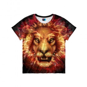 Детская футболка 3D с принтом Огненный лев в Екатеринбурге, 100% гипоаллергенный полиэфир | прямой крой, круглый вырез горловины, длина до линии бедер, чуть спущенное плечо, ткань немного тянется | animal | fire | flame | head | lion | look | predator | взгляд | голова | животное | лев | огненный | огонь | пламя | хищник