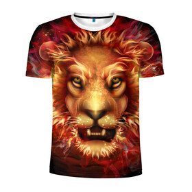 Мужская футболка 3D спортивная с принтом Огненный лев в Екатеринбурге, 100% полиэстер с улучшенными характеристиками | приталенный силуэт, круглая горловина, широкие плечи, сужается к линии бедра | animal | fire | flame | head | lion | look | predator | взгляд | голова | животное | лев | огненный | огонь | пламя | хищник