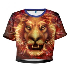 Женская футболка 3D укороченная с принтом Огненный лев в Екатеринбурге, 100% полиэстер | круглая горловина, длина футболки до линии талии, рукава с отворотами | animal | fire | flame | head | lion | look | predator | взгляд | голова | животное | лев | огненный | огонь | пламя | хищник