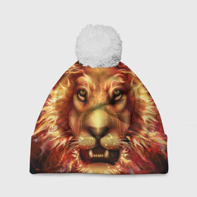 Шапка 3D c помпоном с принтом Огненный лев в Екатеринбурге, 100% полиэстер | универсальный размер, печать по всей поверхности изделия | animal | fire | flame | head | lion | look | predator | взгляд | голова | животное | лев | огненный | огонь | пламя | хищник