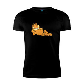 Мужская футболка премиум с принтом Диванный мастер в Екатеринбурге, 92% хлопок, 8% лайкра | приталенный силуэт, круглый вырез ворота, длина до линии бедра, короткий рукав | Тематика изображения на принте: гарфилд | диван | животные | коты | кошка | лень | юмор