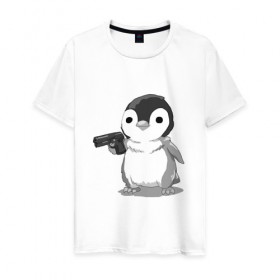 Мужская футболка хлопок с принтом пингвин в Екатеринбурге, 100% хлопок | прямой крой, круглый вырез горловины, длина до линии бедер, слегка спущенное плечо. | gun | penguin | shotgun | tmblr | tumbler | пингвин | пистолет