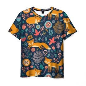 Мужская футболка 3D с принтом Лисички паттерн в Екатеринбурге, 100% полиэфир | прямой крой, круглый вырез горловины, длина до линии бедер | Тематика изображения на принте: fox | животные | лиса | лисичка | лисы | осень | рыжая | фыр фыр | цветы