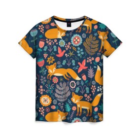 Женская футболка 3D с принтом Лисички паттерн в Екатеринбурге, 100% полиэфир ( синтетическое хлопкоподобное полотно) | прямой крой, круглый вырез горловины, длина до линии бедер | fox | животные | лиса | лисичка | лисы | осень | рыжая | фыр фыр | цветы
