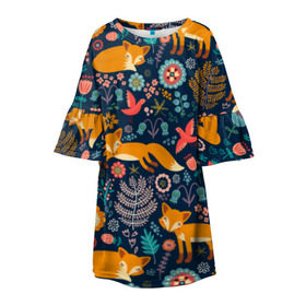 Детское платье 3D с принтом Лисички паттерн в Екатеринбурге, 100% полиэстер | прямой силуэт, чуть расширенный к низу. Круглая горловина, на рукавах — воланы | fox | животные | лиса | лисичка | лисы | осень | рыжая | фыр фыр | цветы