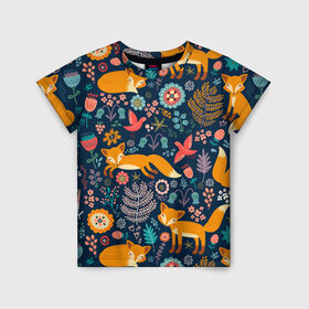Детская футболка 3D с принтом Лисички паттерн в Екатеринбурге, 100% гипоаллергенный полиэфир | прямой крой, круглый вырез горловины, длина до линии бедер, чуть спущенное плечо, ткань немного тянется | Тематика изображения на принте: fox | животные | лиса | лисичка | лисы | осень | рыжая | фыр фыр | цветы