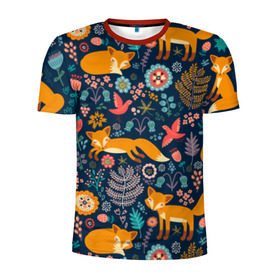 Мужская футболка 3D спортивная с принтом Лисички паттерн в Екатеринбурге, 100% полиэстер с улучшенными характеристиками | приталенный силуэт, круглая горловина, широкие плечи, сужается к линии бедра | Тематика изображения на принте: fox | животные | лиса | лисичка | лисы | осень | рыжая | фыр фыр | цветы