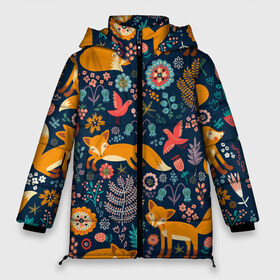 Женская зимняя куртка 3D с принтом Лисички паттерн в Екатеринбурге, верх — 100% полиэстер; подкладка — 100% полиэстер; утеплитель — 100% полиэстер | длина ниже бедра, силуэт Оверсайз. Есть воротник-стойка, отстегивающийся капюшон и ветрозащитная планка. 

Боковые карманы с листочкой на кнопках и внутренний карман на молнии | fox | животные | лиса | лисичка | лисы | осень | рыжая | фыр фыр | цветы